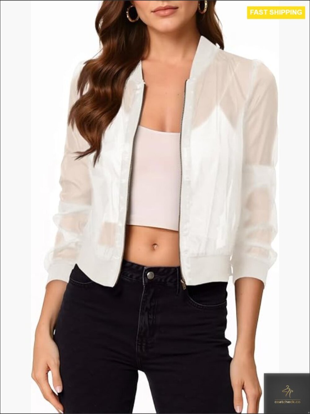 Cropped Mesh Sheer Bomber Jacket Lightweight Long Sleeve Y2K Zip Up